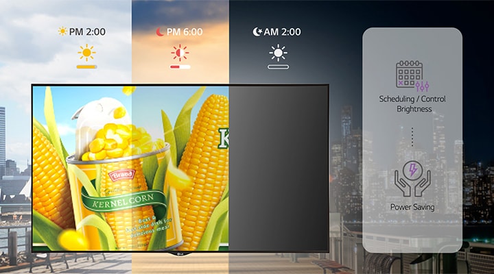Utilizing LG SuperSign CMS, brightness of signage can be adjusted based on external lighting conditions to optimize power consumption. The scheduling feature is used to adjust the brightness, maintaining maximum brightness at 2 PM and gradually reducing it as it gets darker by 6 PM. The image also illustrates that the power can be turned off at 2 AM.