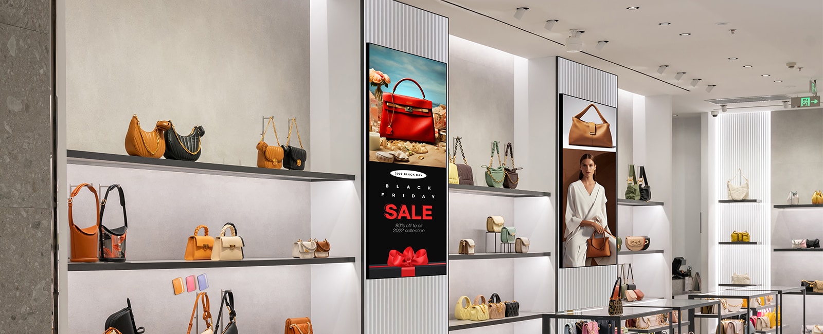 This image features several displays in a fashion retail store, each showing different content using PBP functionality.