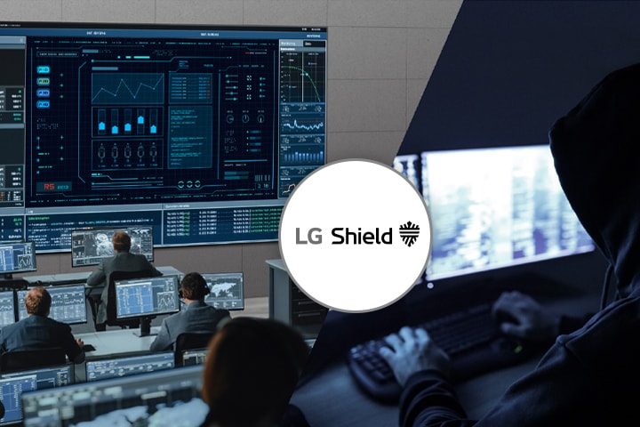 On the left, the image shows people working in a control room, while the right side depicts a hacker attempting a breach. The LG Shield logo between the two images signifies protection against breaches.