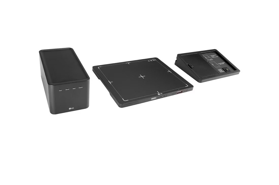 LG Digital X-ray Detector with a-Si TFT, Perspective view from the top of LG Digital X-Ray Detector 10HQ701G with Control Box and Battery Charger, 10HQ701G