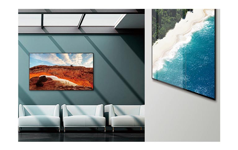 The edge of the display on the wall is so thin that it looks as if content is playing directly from the wall.