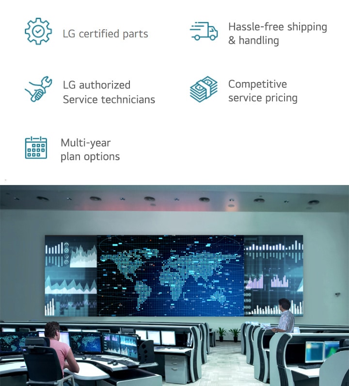 Infographic showcasing LG ExtendedCare features: certified parts, authorized technicians, hassle-free shipping, competitive pricing, next-business-day swap, and multi-year plans. Accompanied by an image of a control room with advanced data visualization screens.