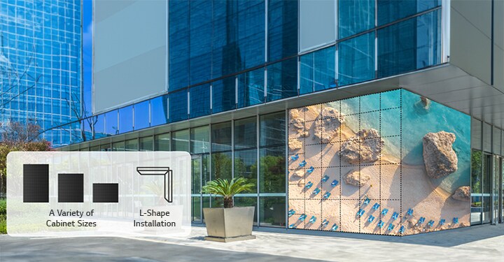 The use of three cabinet sizes and an L-shaped installation enables the LED screen to be seamlessly mounted on the building's cornered wall.