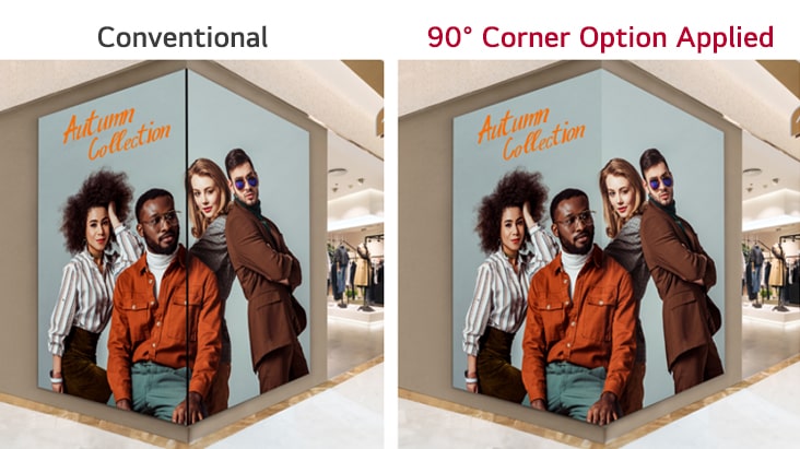 The content with the 90° corner option is shown without any interruptions even when installed on a corner.