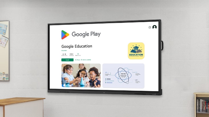 The Google Play Store is displayed on LG CreateBoard, allowing access to and downloading of educational apps. This is possible as LG CreateBoard is a Google Certified interactive digital board.