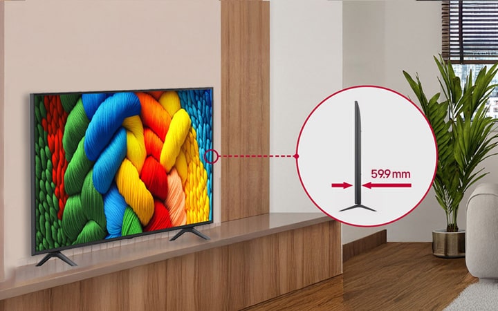 The UA831C is seamlessly installed in the hotel room, and a side view is shown to highlight its slim design.
