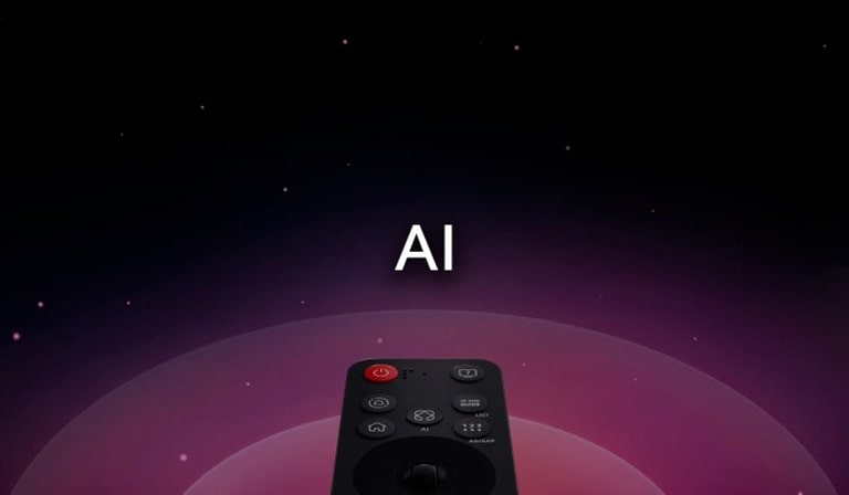 LG AI Magic Remote against an abstract background. The AI button is highlighted. There is a graphic UI representation with icons of how the AI button allows users to access different AI functionality. The services include AI Voice ID, AI Search, AI Chatbot, AI Concierge, AI Picture Wizard, and AI Sound Wizard. The mouse-like functionality is then showcased as the cursor appears over an interface, showing how the remote offers simplified controls.