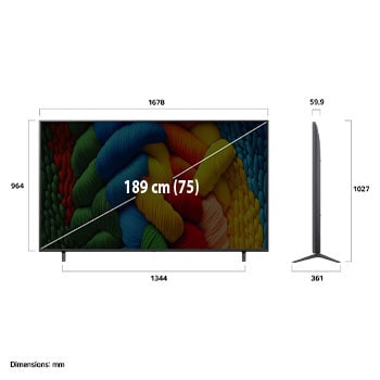 Front view and side view of LG NanoCell NANO80 AI 4K Smart TV showing its length, width, height, and depth dimensions.