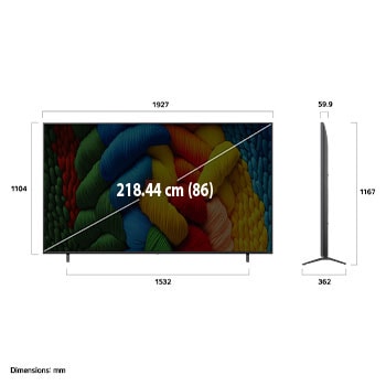Front view and side view of LG NanoCell NANO80 AI 4K Smart TV showing its length, width, height, and depth dimensions.