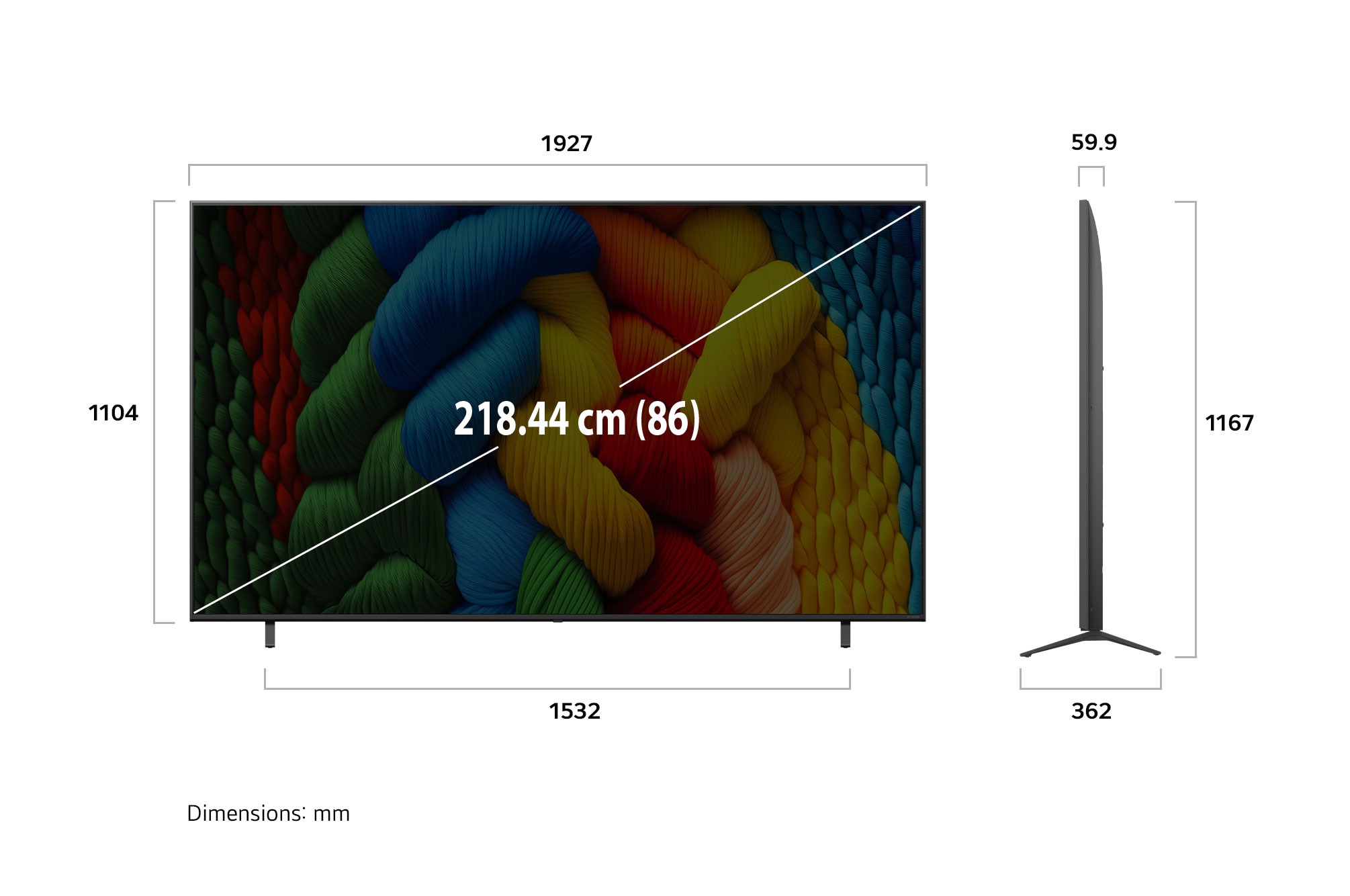 Front view and side view of LG NanoCell NANO80 AI 4K Smart TV showing its length, width, height, and depth dimensions.