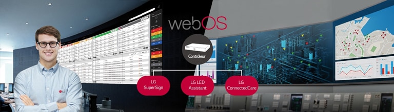 Un technicien LG surveille l’état de l’écran LED grâce au contrôleur et aux solutions logicielles LG webOS.
