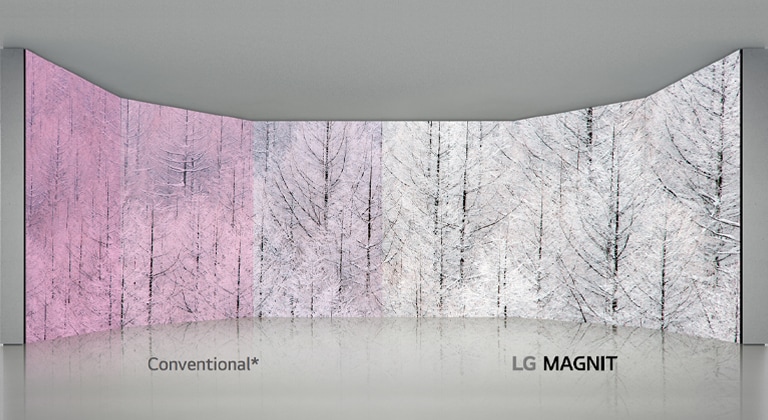 Mientras que las pantallas LED convencionales distorsionan los colores (apareciendo rojos) en diferentes ángulos amplios, las pantallas LG MAGNIT muestran resultados precisos en todo el ángulo de visión amplio.