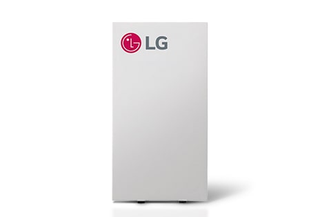 Vista delantera de un kit de EEV grande y blanco de LG con el logotipo de LG en la esquina superior derecha. La unidad está en posición vertical sobre una superficie gris claro.