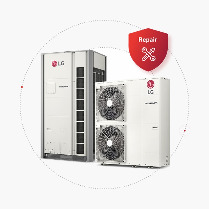 LG MULTI V i y las bombas de calor Monobloc están colocadas una junto a la otra, con un ícono rojo de reparación en la parte superior derecha.