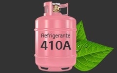 Un tanque de gas propano rosa está adornado con una etiqueta 'Refrigerant 401A' en el centro. Dos hojas verdes se superponen parcialmente en la parte trasera derecha del tanque.