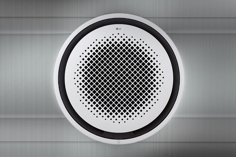 La cara delantera de LG Cassette Redondo montada en un techo de color plateado.