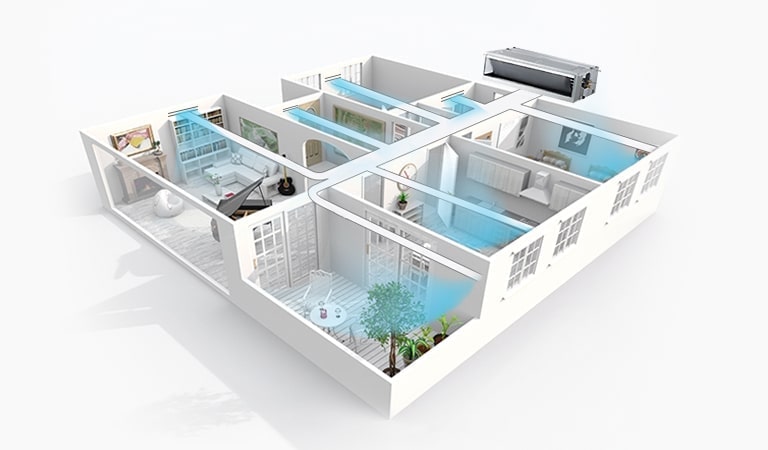El conducto de calefacción de techo LG emite un flujo de aire azul visible, permeando múltiples habitaciones cuadradas.