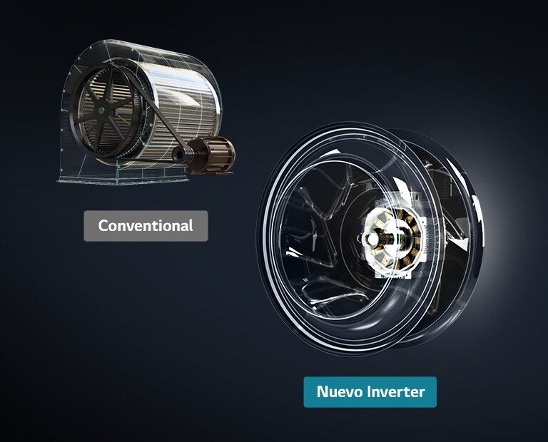LG Inverter, con un esquema de color oscuro, circular, se combina con un motor convencional utilizando un mecanismo de cinturón de tiempo.