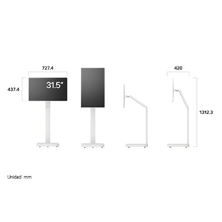 Monitor LG 32U889SA-W en acabado blanco mostrando las dimensiones del producto en varios perfiles, midiendo 727.4 mm de ancho, 437.4 mm de alto de pantalla, 1312.3 mm de altura total y 420 mm de profundidad.