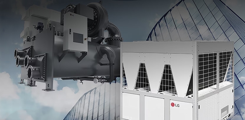 Sistema industrial LG Chiller con panel de control avanzado, instalado en un entorno de instalaciones oscuras.