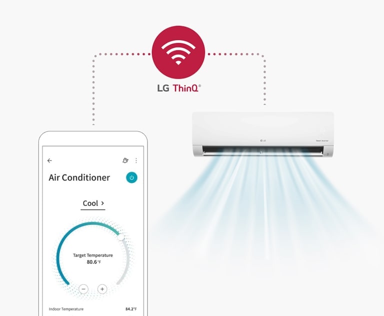 Un smartphone con la app LG ThinQ está a la izquierda, conectado a una unidad de pared LG en un contorno a la derecha mediante una línea de puntos.