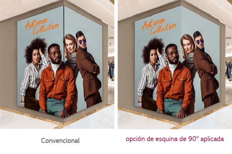El contenido con la opción de esquina de 90° se muestra sin interrupciones, incluso cuando se instala en una esquina.