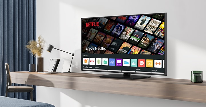 El contenido del hotel, incluida la aplicación Netflix, se muestra en la televisión de la habitación del hotel.