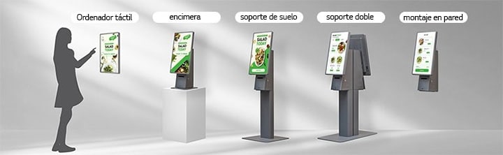 El LG Kiosk se puede instalar en múltiples formatos, como un ordenador táctil independiente, un modelo de mostrador, una versión de suelo, un soporte doble o un diseño para montaje en pared.