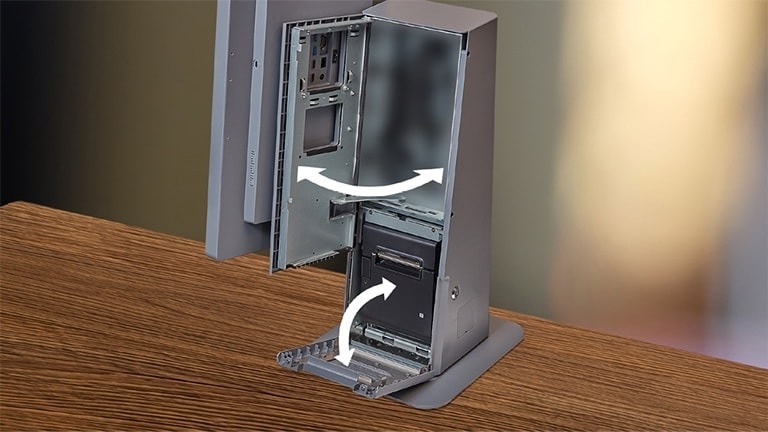 El quiosco LG cuenta con dos puertas con bisagras colocadas verticalmente.