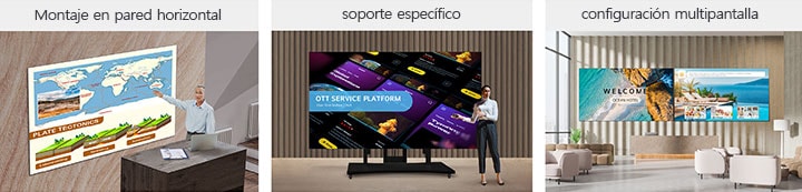 La serie LAPA, instalada en la pared con un soporte horizontal, con un soporte específico y en paralelo como dos pantallas en una configuración multipantalla, se muestra en tres imágenes diferentes.
