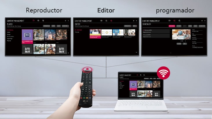 El WP601 permite a los usuarios controlar de manera flexible el brillo y el volumen de múltiples pantallas digitales LG a través de una conexión por cable RS-232C.