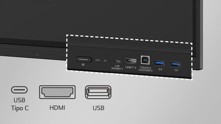 La pizarra digital interactiva LG cuenta con puertos USB y HDMI en la parte frontal.