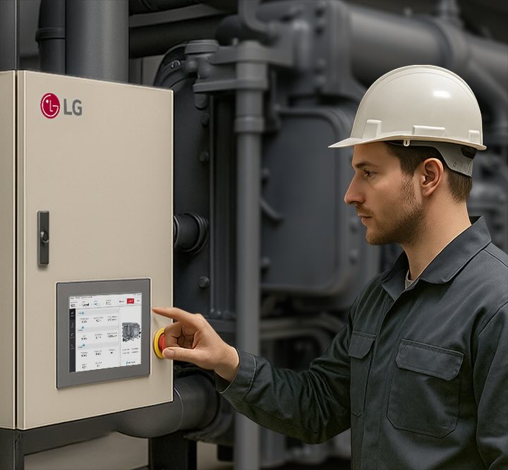 El instalador observa e intenta tocar la interfaz del controlador de chiller de LG.