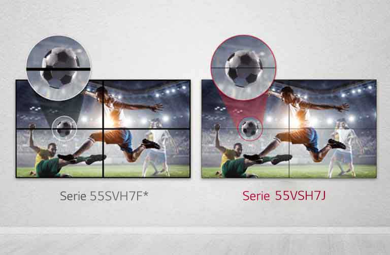 La serie 55VSH7J consta de menos espacios de imagen entre las pantallas en mosaico en comparación con la serie 55SVH7F. Esto mejora la experiencia de visualización del contenido mostrado, ya que minimiza la perturbación visual por los espacios.