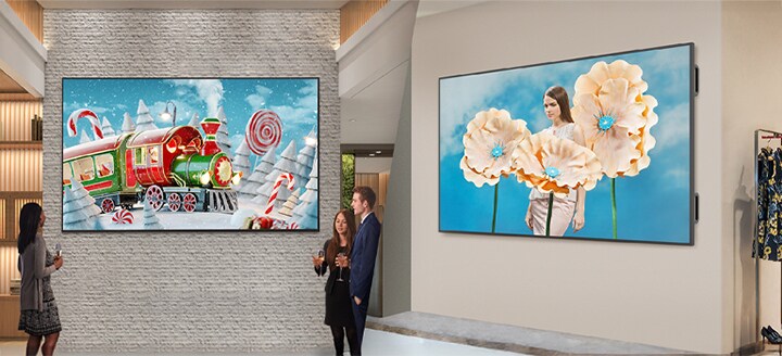 La imagen presenta la función Salón de arte de LG SuperSign Cloud; muestra a la izquierda obras de arte proyectadas en pantallas informativas en el vestíbulo de una empresa y, a la derecha, imágenes artísticas de moda proyectadas en pantallas informativas en una tienda de indumentaria.