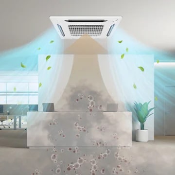 La unidad de aire acondicionado LG de techo cuadrada aspira aire sucio por el centro y dispensa aire limpio de color azul desde cuatro rejillas circundantes.