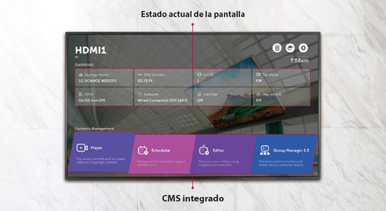 WP600 proporciona un menú de inicio que muestra el estado actual de la pantalla y el CMS integrado.