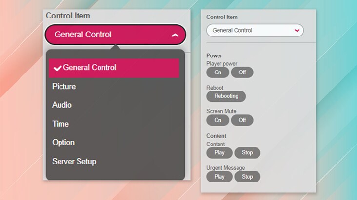 La imagen muestra un ejemplo del control de dispositivos mediante LG SuperSign CMS.