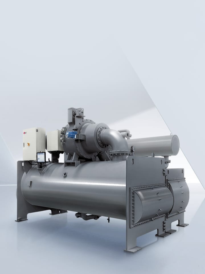 LG Oil-free Centrifugal Chiller ubicado en un espacio virtual gris claro.