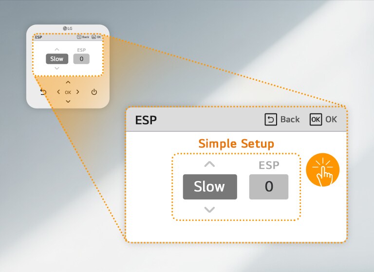 Close-up of an LG control panel in 'ESP' mode showing 'Simple Setup' with options for 'Slow' and '0,' and 'Back' and 'OK' buttons in the top right.