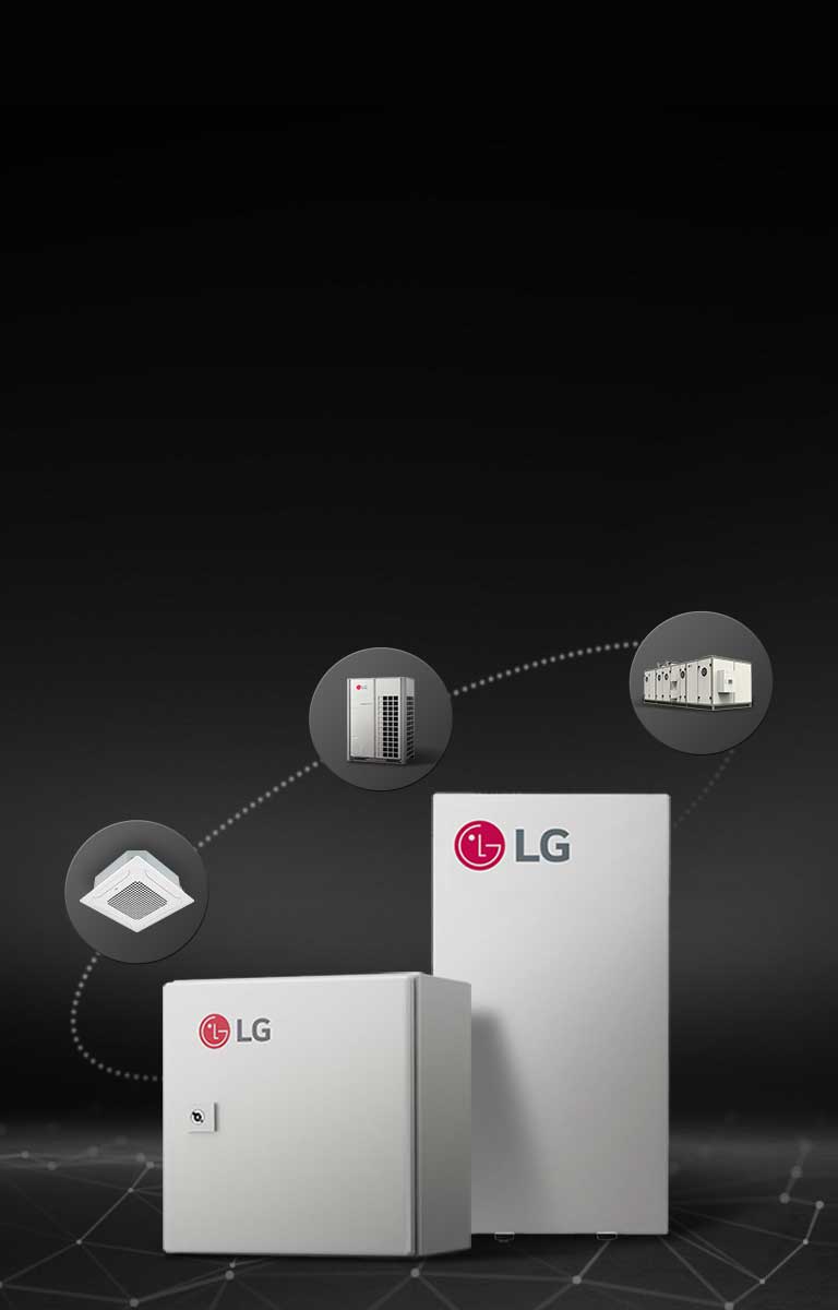Surrounding it are four smaller connected devices, representing different components of an HVAC system. The background is dark with a grid pattern.