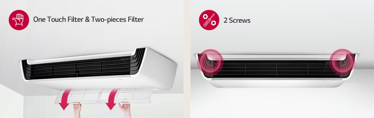 LG Ceiling Suspended features a filter with arrow indicators at the bottom, while the front view shows two red circles indicating screw locations.