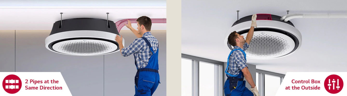 A man in blue dungarees is working on the left with two pipes of the LG Round Cassette, and attending to the unit's external control box on the right.