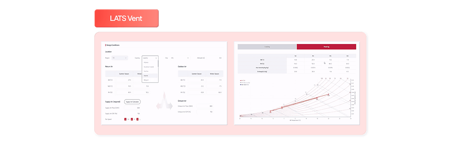 LATS Vent software interface, HVAC design tool, ventilation system analysis, air flow settings, cooling & heating parameters