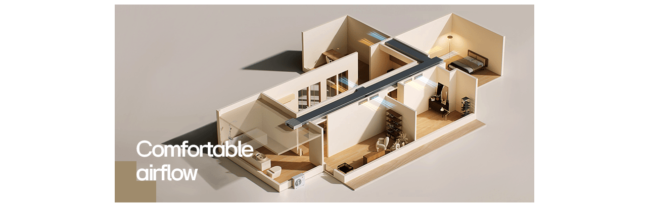 3D house interior with ceiling duct arrows show airflow in living, kitchen, bedroom & bath; labeled 'Comfortable airflow'.