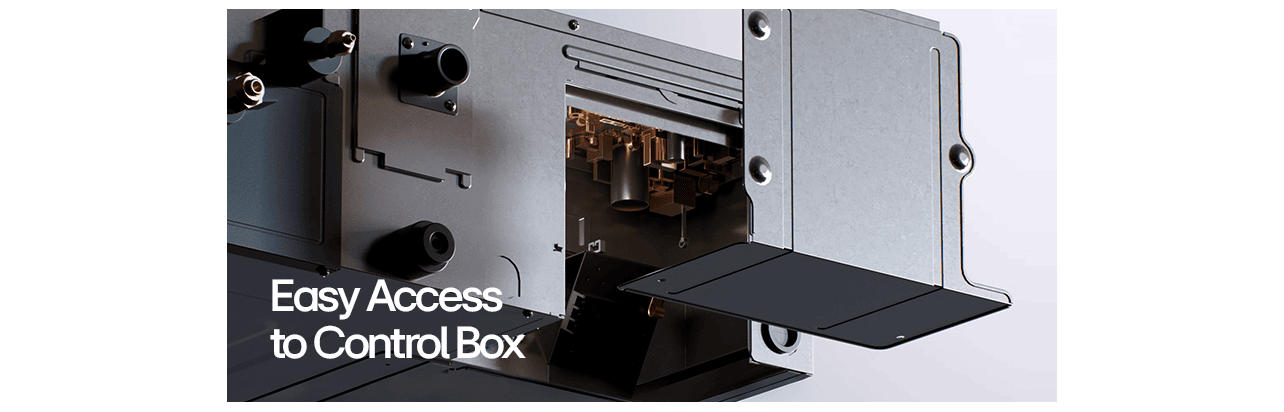 Control box open panel reveals internal connectors & components; labeled 'Easy Access to Control Box'.