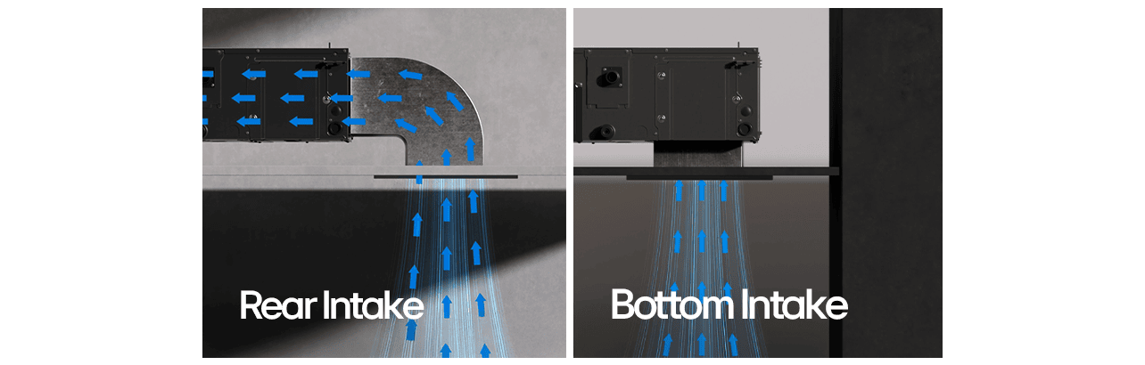 Dual air intake configurations with rear intake airflow and bottom intake airflow, both with blue arrows shown.