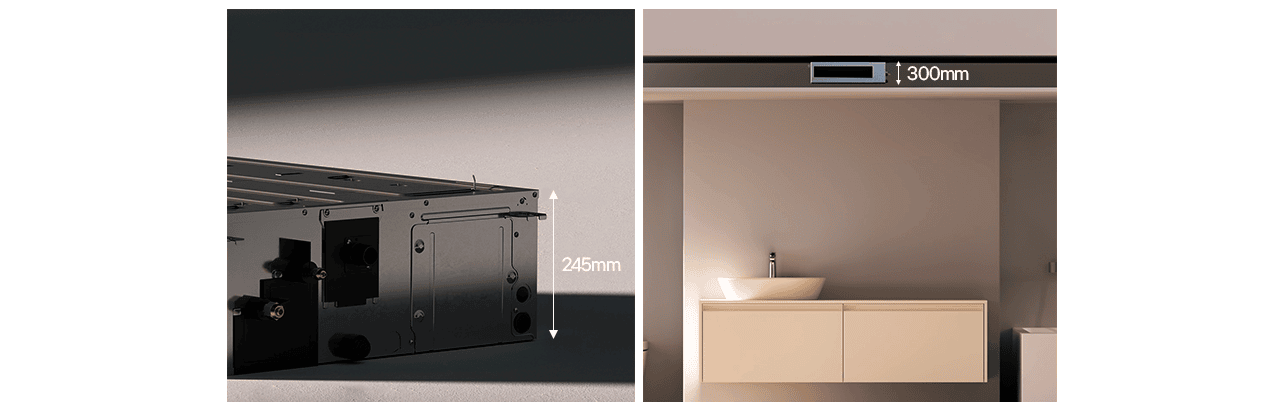 Left metal connector panel (245mm) and right modern bathroom with ceiling vent (300mm).