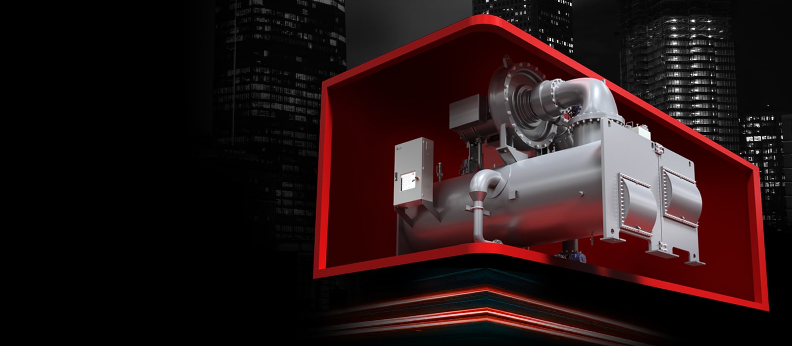 Chiller displayed in a red frame with a cityscape background.