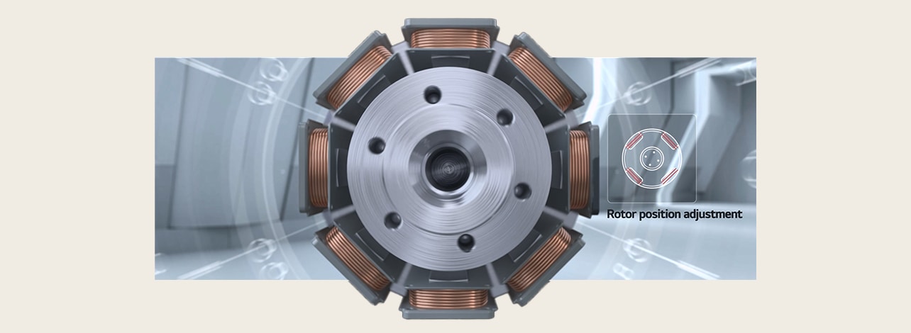 Magnetic Bearings: Adjusts rotor position every 0.5 milliseconds. Close-up view of a rotor with copper coils and an inset showing rotor position adjustment.